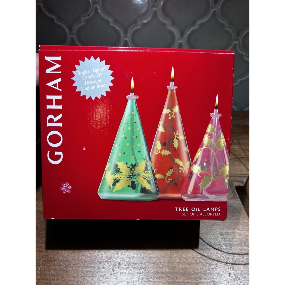 Gorham Tree Oil Lamps Set Of‎ Three Assorted Christmas